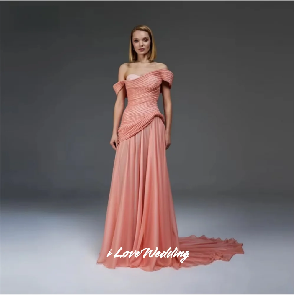 Pink Sweetheart Prom Dresses Off Shoulder Pleated Chiffon A-Line Sweep Train Formal Evening Party Wedding Guest Gown Customized