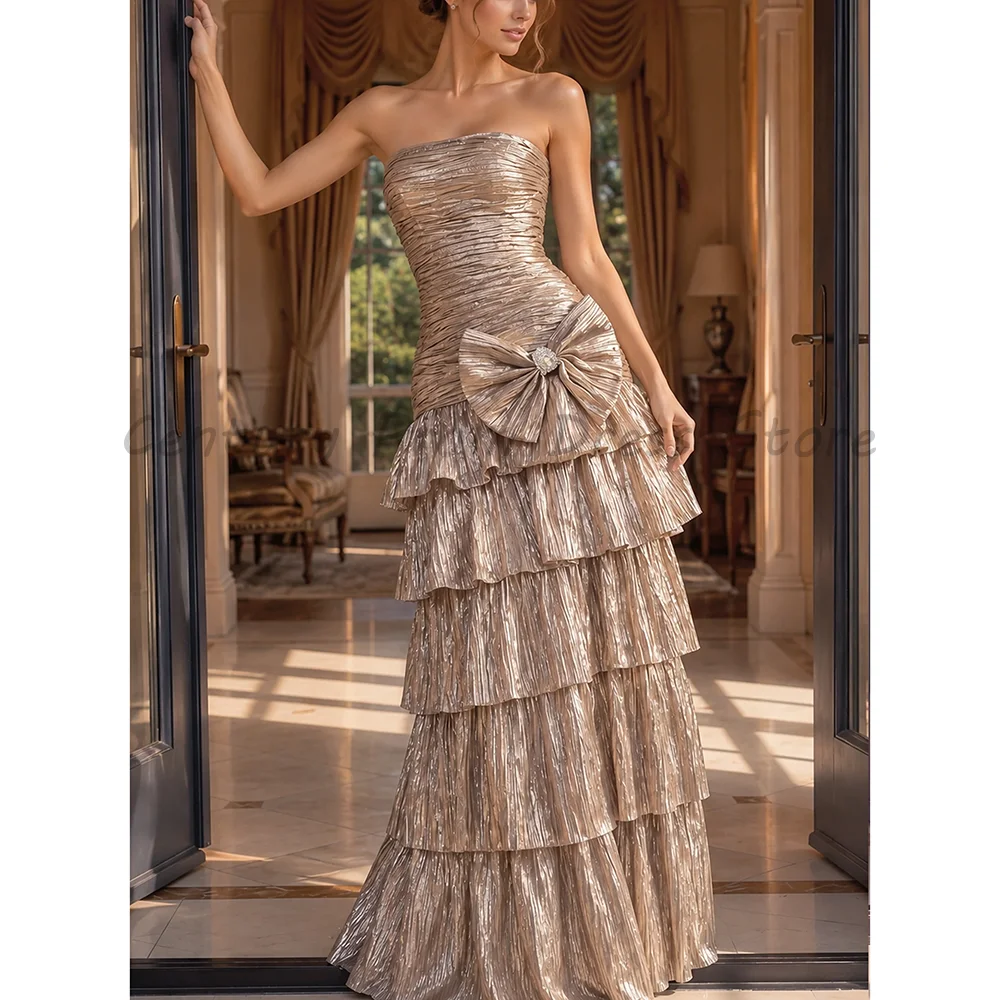 Champagne Metallic Pleated Evening Dress Strapless Tube Top Big Bow Tiered Ruffle Mermaid Formal Prom Wedding Guest Party Gown