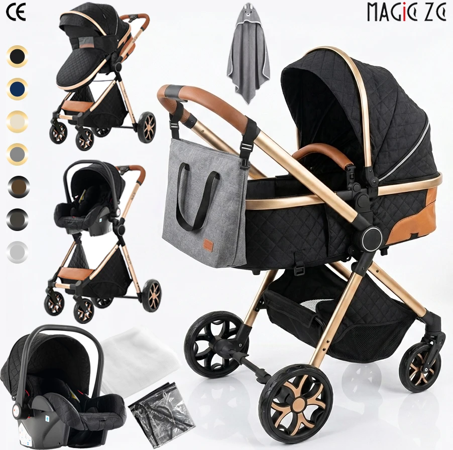 3-in-1-Kinderwagen, kombiniert mit einem Babytragetaschen- und Reisesystem mit Autositz, leichtem Aluminiumrahmen, faltbar, einfach zu transportieren, hohe Sitzposition, verstellbare Rückenlehne,