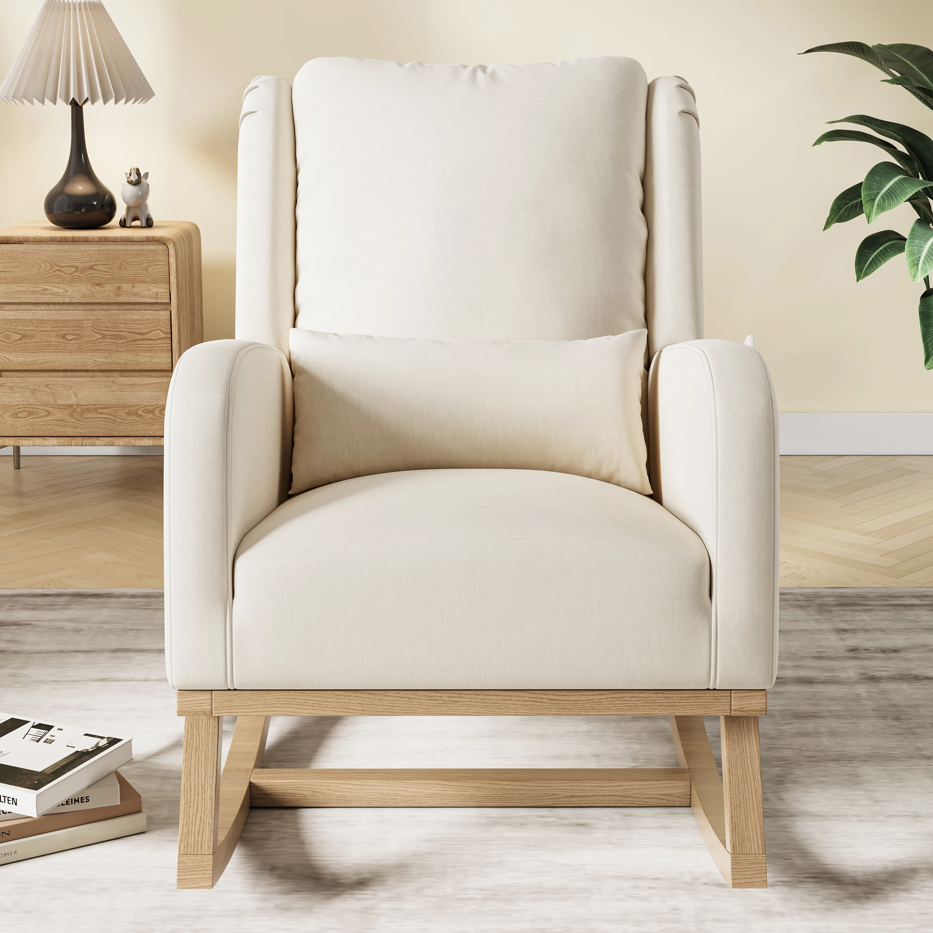 Fauteuil à bascule, fauteuil de relaxation, fauteuil à bascule rembourré avec dossier haut et accoudoirs, fauteuil à bascule, fauteuil rembourré à dossier haut, cadre en bois, fauteuil de relaxation