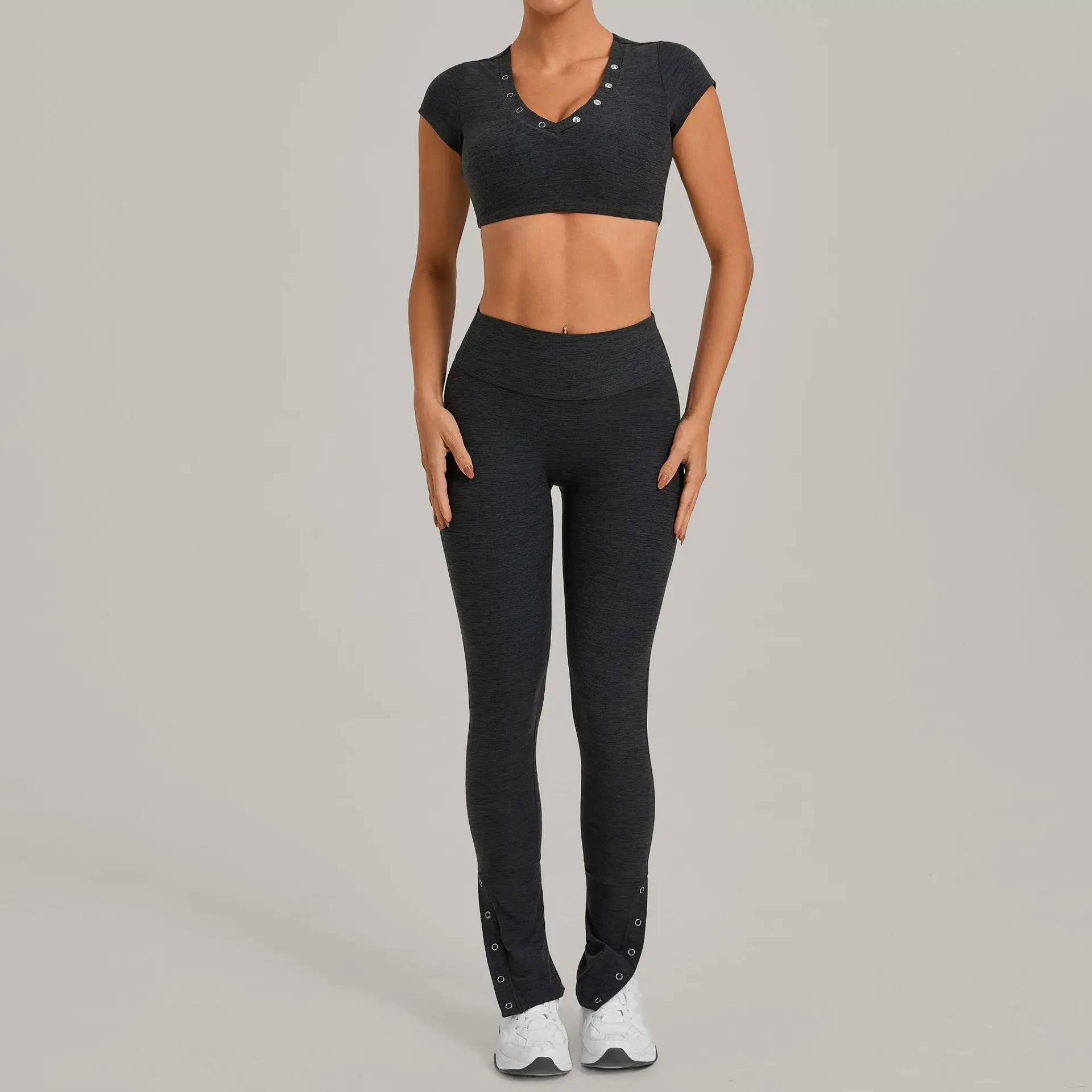 Ensemble de leggings de sport pour femmes, 2 pièces, vêtements de sport, col en v, manches courtes, combinaison d'entraînement pour Fitness, vêtements d'entraînement pour salle de sport