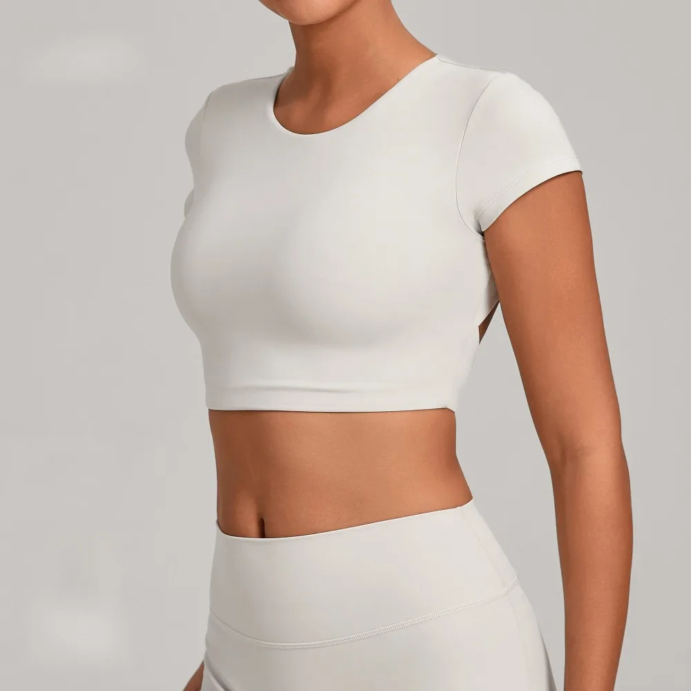 Vêtements de sport pour la salle de sport, haut de sport sans dos, double couture, sans rembourrage de poitrine, vêtements de yoga, manches courtes pour femmes