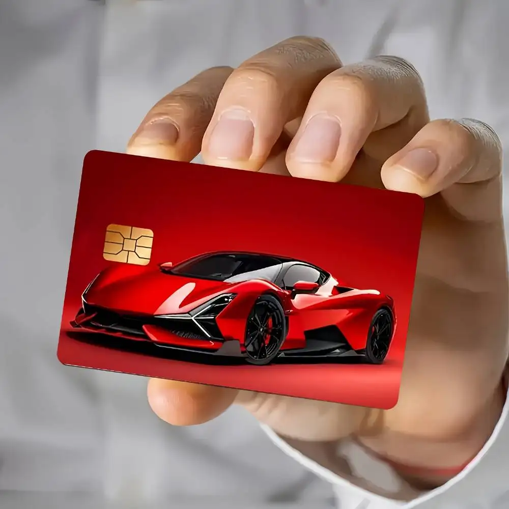 Autocollant pour carte de crédit en forme de voiture de sport rouge, ultra-fin, résistant aux rayures, autocollant en PVC, cadeau pour cartes bancaires et de bus.