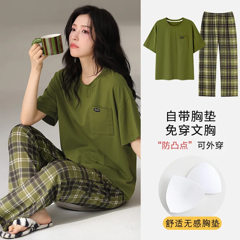 Pyjama d'été pour femmes avec coussinet de soutien-gorge, pantalon à manches courtes, vêtements de nuit Cool, grande taille, service à domicile, costume de pyjama féminin
