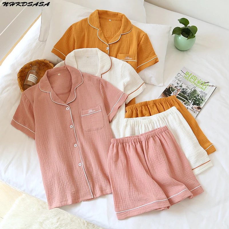 NHKDS.co.jp-Ensembles de pyjamas en pansement de coton pour femmes et hommes, chemise à manches courtes, simple et solide, service à domicile, couple d'été