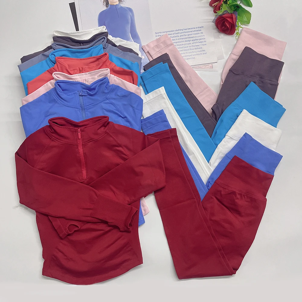 Haut de sport à manches longues avec demi-fermeture éclair, leggings, t-shirt de course, tenues de yoga pour femmes, vêtements de sport, ensemble de pantalons de fitness pour la salle de sport.