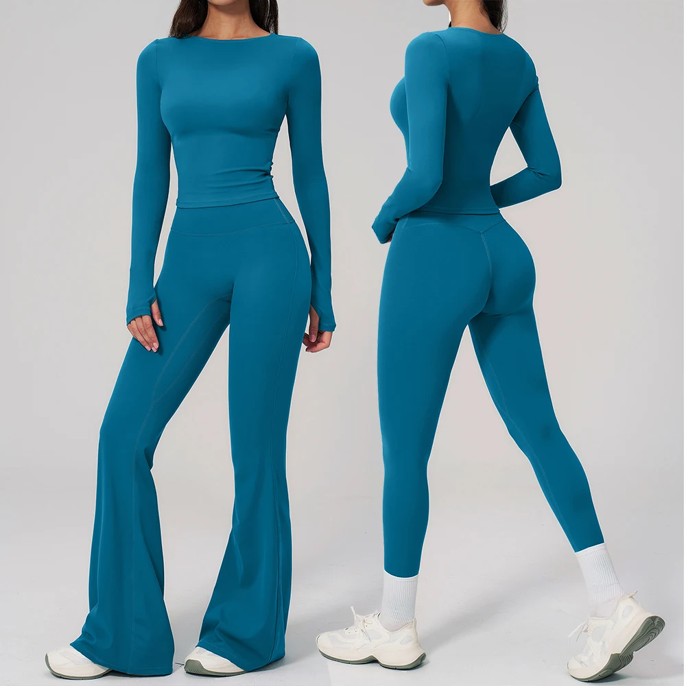 Ensemble de yoga 2 pièces pour femme, survêtement de sport, vêtements d'entraînement, tenue de sport, legging, haut de fitness à manches longues, ensembles de sport