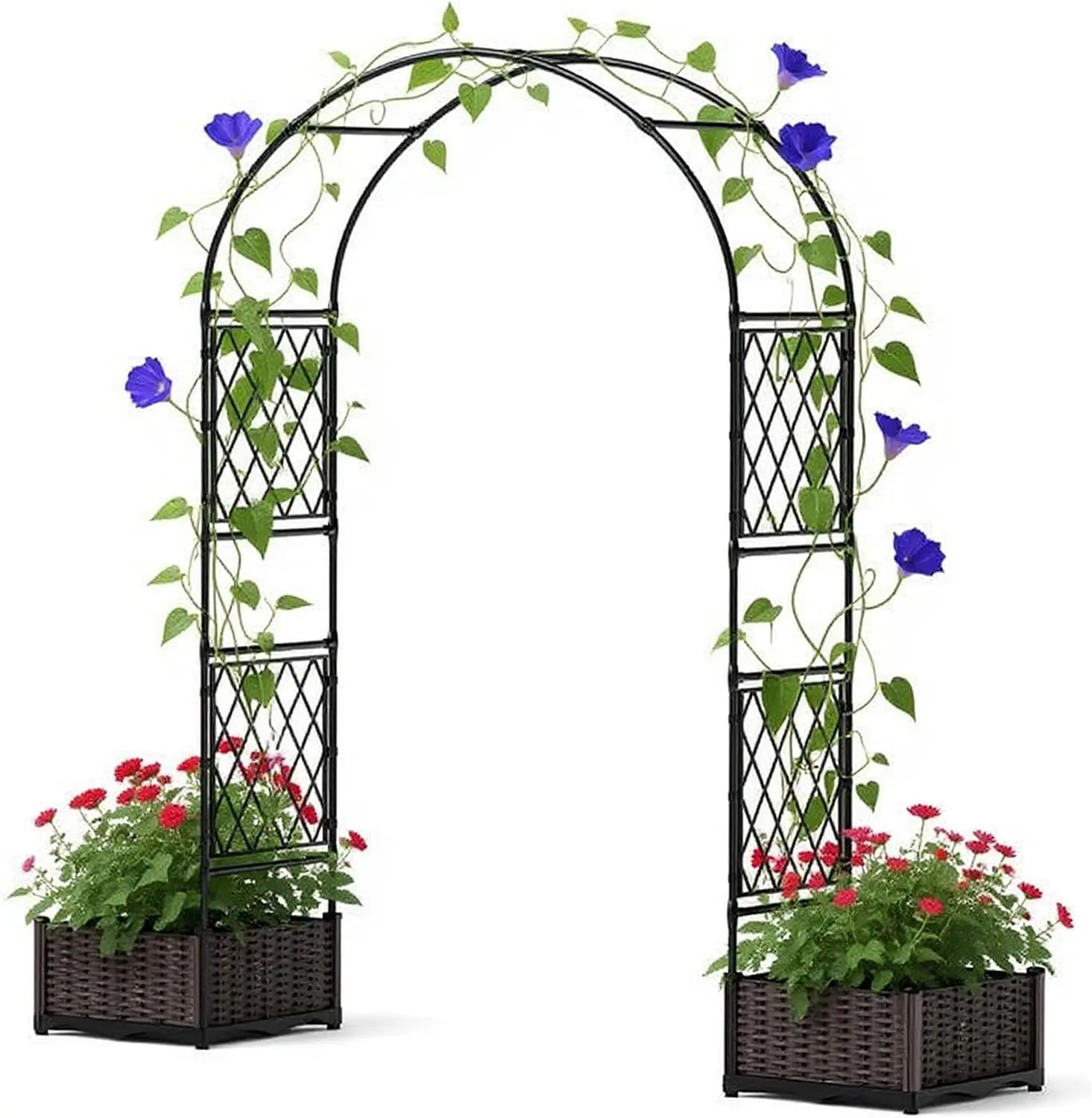 Arche de jardin de 220 cm avec 2 jardinières, treillis d'arche de jardin en métal enduit de PE pour plantes grimpantes, arche décorative pour mariage, structure d'arche résistante aux intempéries pour pelouse et jardin