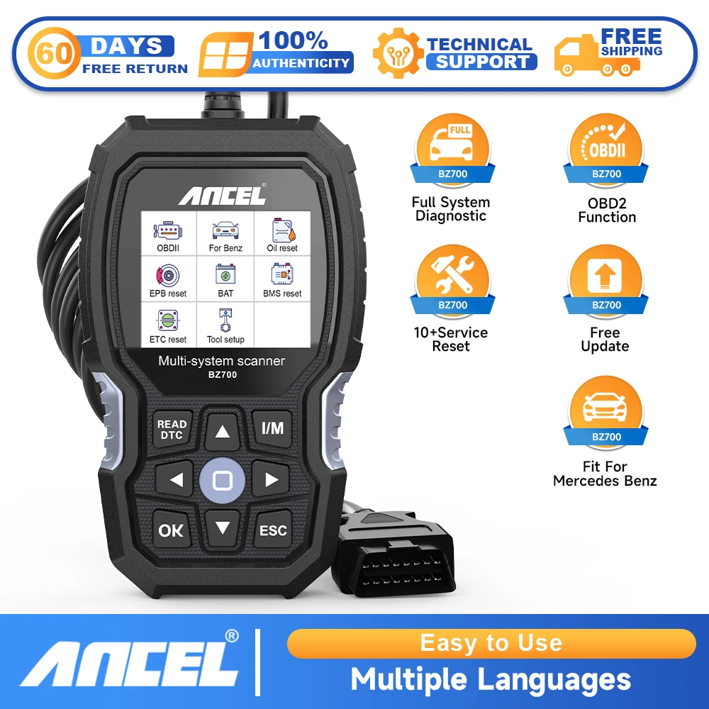 Scanner automobile OBD2 ANCEL BZ700 pour Mercedes Benz Sprinter, outil de diagnostic intelligent pour tous les systèmes ABS SRS SAS, réinitialisation de l
