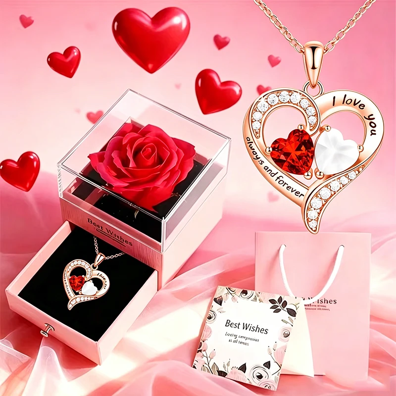 Collier romantique rose pour la Saint-Valentin, petit cadeau, boîte cadeau avec fausse fleur, cadeau pour la fête des mères, cadeau d