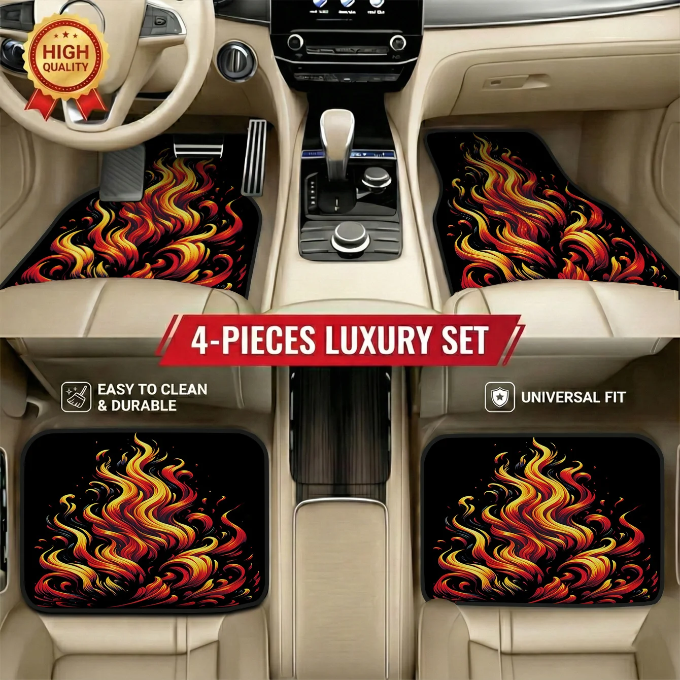 Ensemble de 4 tapis de voiture à motif flamme | Parfait pour les voitures à hayon et les break, entretien facile, amélioration élégante de l