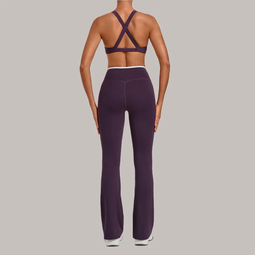 Ensemble de sport 2 pièces pour femmes : tenue de fitness, de course et d'entraînement, vêtements de gym, ensemble de yoga, soutien-gorge de sport à dos croisé, leggings évasés, vêtements de sport