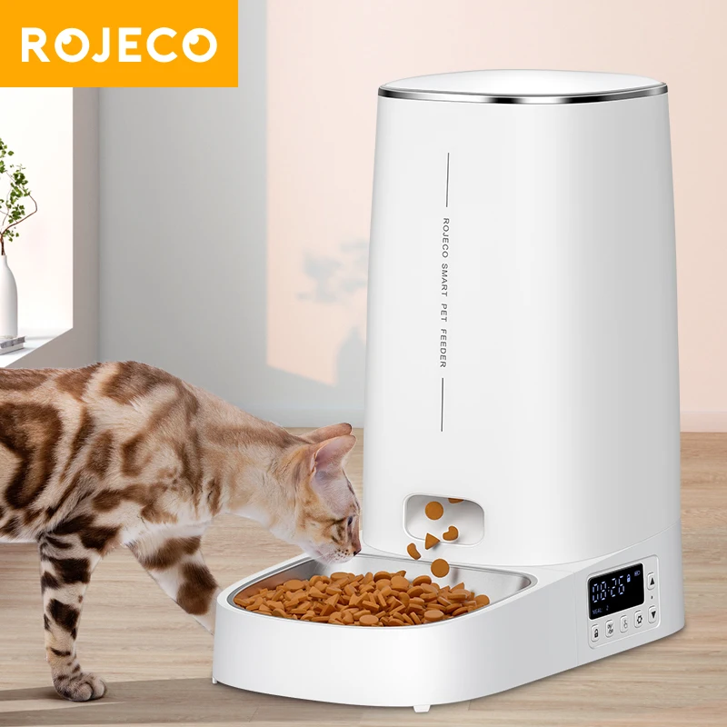 ROJECO Distributeur Automatique de Nourriture pour Animaux 4L, Version à Bouton, Accessoires pour Distributeur Automatique de Nourriture pour Chats, Contrôle Intelligent, Distributeur de Nourriture pour Chats et Chiens, Nourriture Sèche