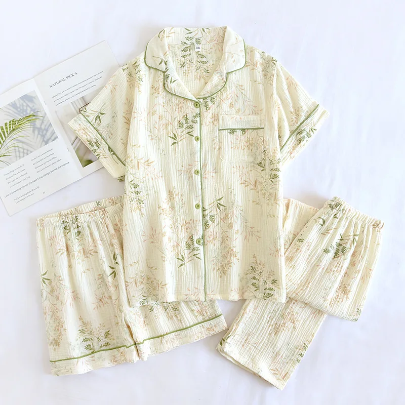 Pyjama en Coton Fin à Double Gaze pour Femme Haut à Manches Courtes + Buts + Fjpansement, 3 Pièces, Service à Domicile Imbibé, Printemps/Été