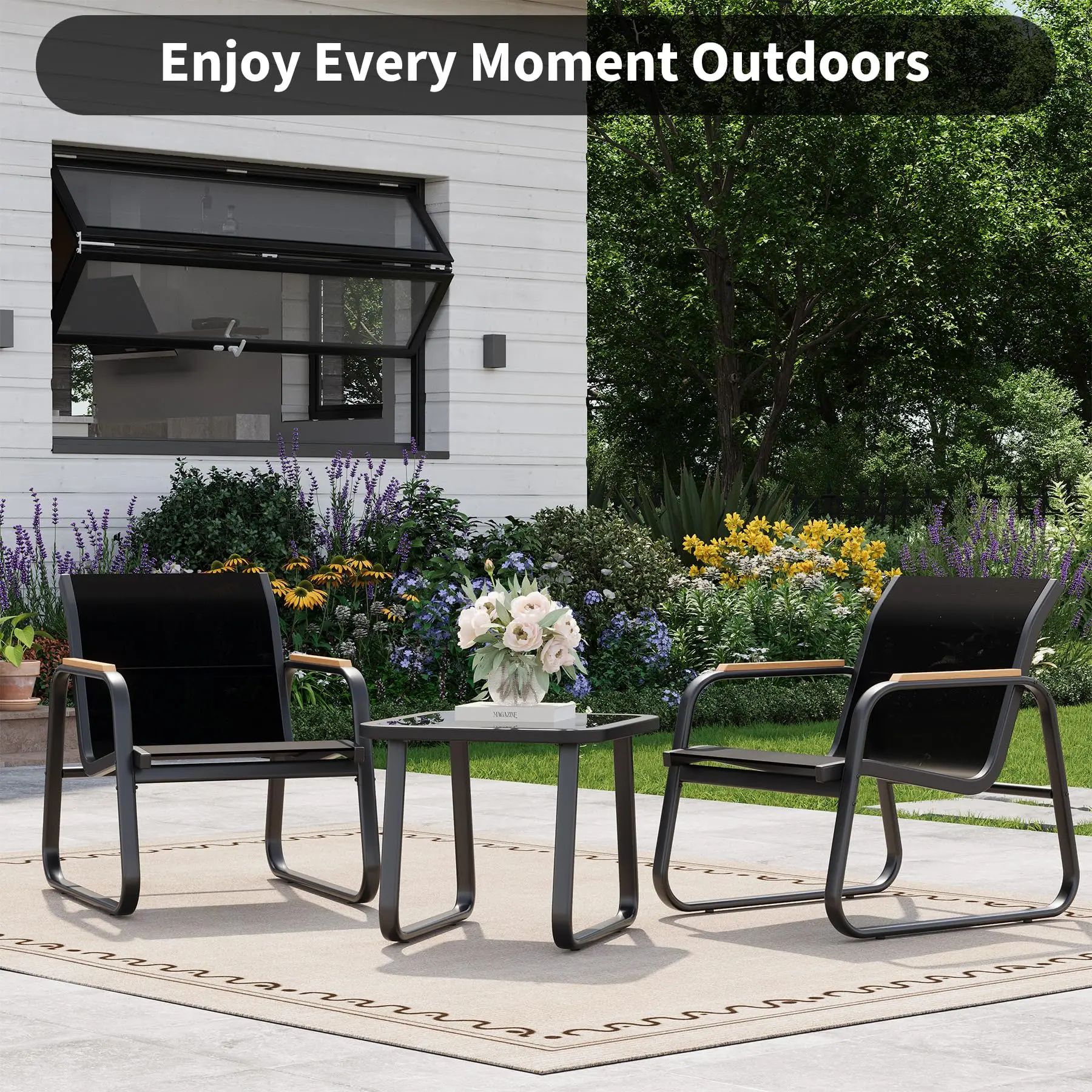 Ensemble de mobilier de jardin 3 pièces, ensemble de mobilier de balcon pour 2 personnes, 2 fauteuils, 1 table, mobilier de jardin en acier, mobilier de salon de jardin pour balcon, salon de jardin, mobilier de patio résistant aux intempéries