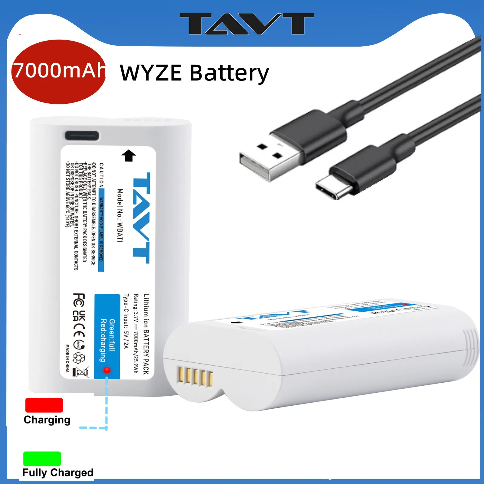 Batterie 7000mAh avec Port de chargement de Type C pour caméra WYZE Battery Cam Pro et Duo Cam Doorbell Cam Pro