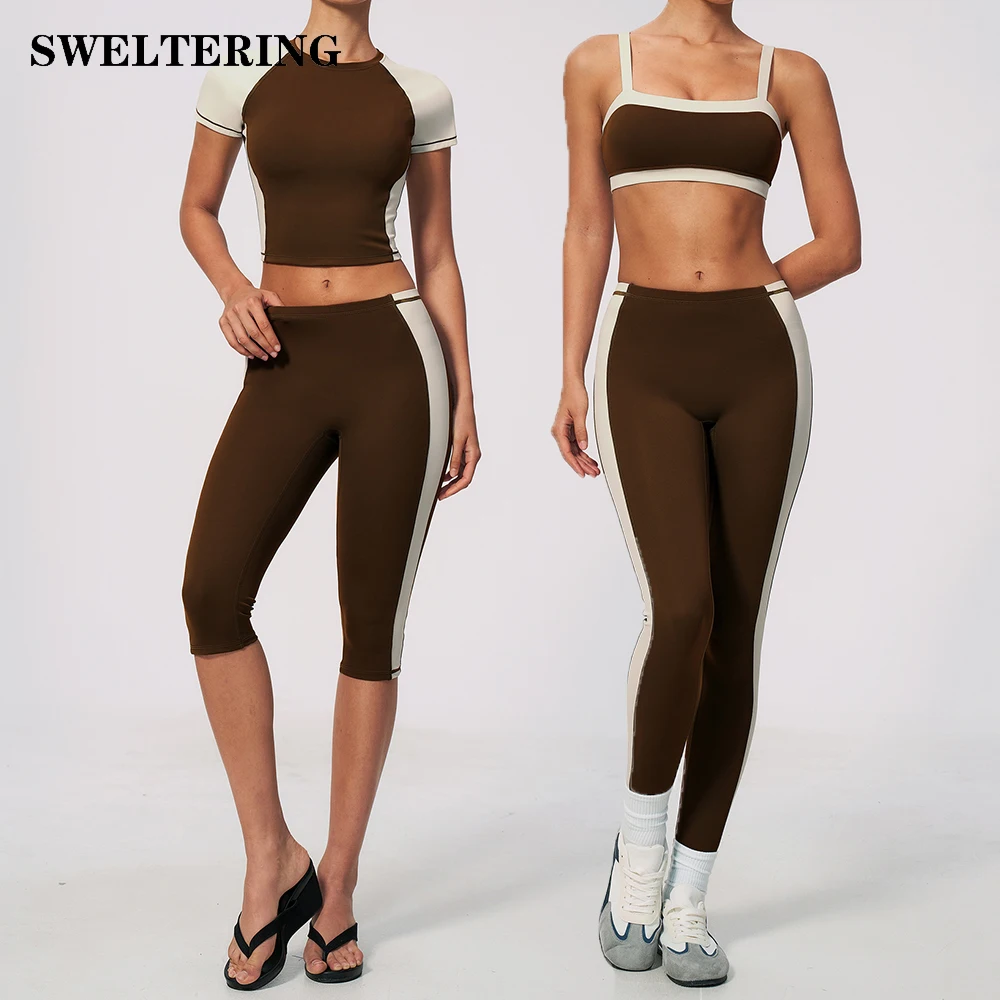 Ensemble de fitness 2 pièces, ensemble de yoga à manches courtes, tenue de sport capri, vêtements de sport pour femmes, tenue de sport respirante pour la salle de sport