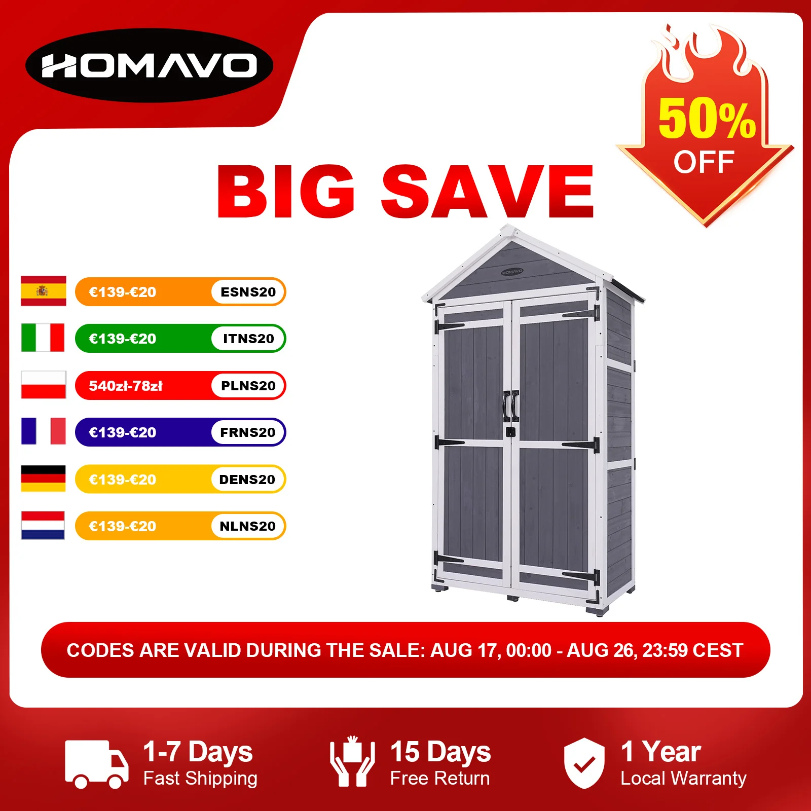 HOMAVO Abri de Jardin en Bois avec Toit en Appentis Protégé UV, 99.3 × 56.5 × 178 cm, Cabane de Jardin Pour Jardin, Terrasse, Arrière-Cour, Pelouse