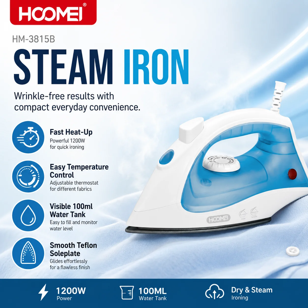 Fer à vapeur HOOMEI 1200W, fer à repasser électrique avec réservoir d