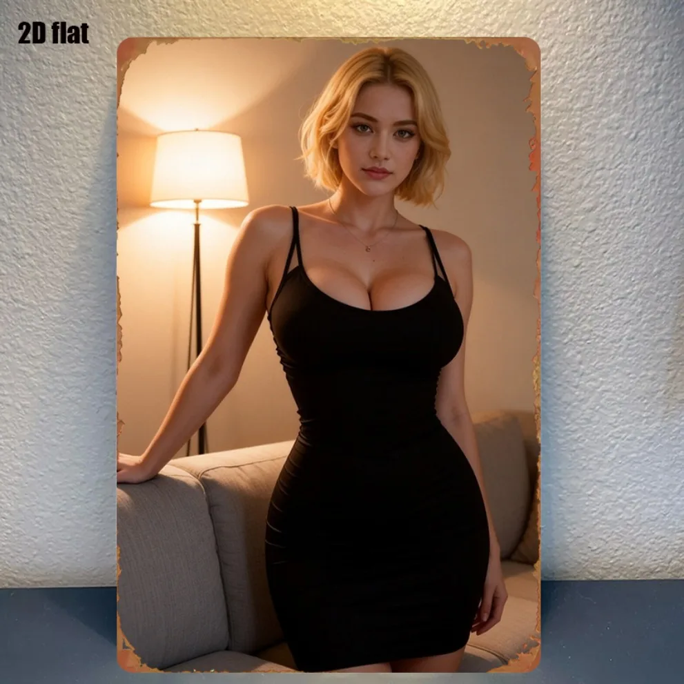 Art mural en métal « Femme Blonde Rétro en Robe Noire », plaque décorative durable en étain 8x12 pouces pour chambre à coucher et home cinéma