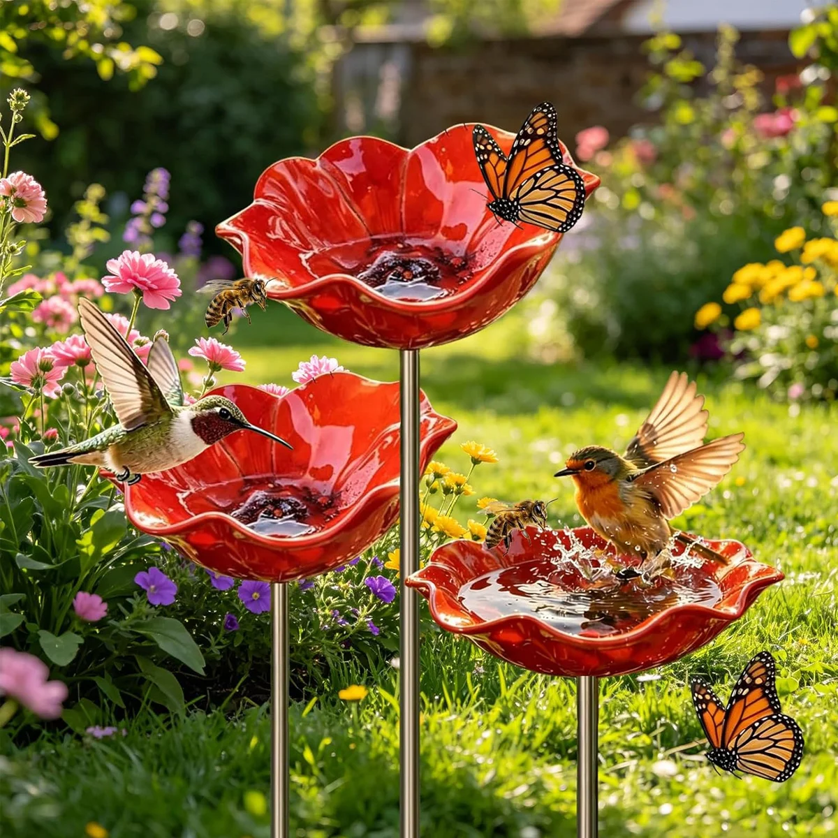 1 mangeoire créative pour fleurs et oiseaux d'extérieur, piquet de jardin en métal fait main - mangeoire pour pollinisateurs et abreuvoir pour colibris, abreuvoir sur piquet de jardin en métal, décoration de jardin