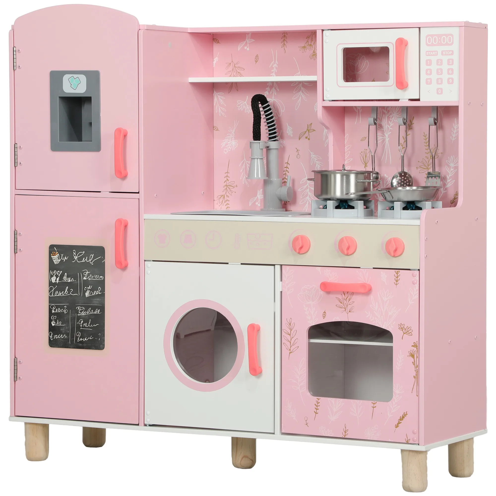 Aiyaplay Jouet Cuisine pour Enfants + 3 Ans Cuisine pour Enfants en Bois Cuisine pour Enfants avec Poêle Sonore Four Robinet Évier Micro-ondes Machine à Laver Machine à Glaçons et Accessoires de Cuisine Rose