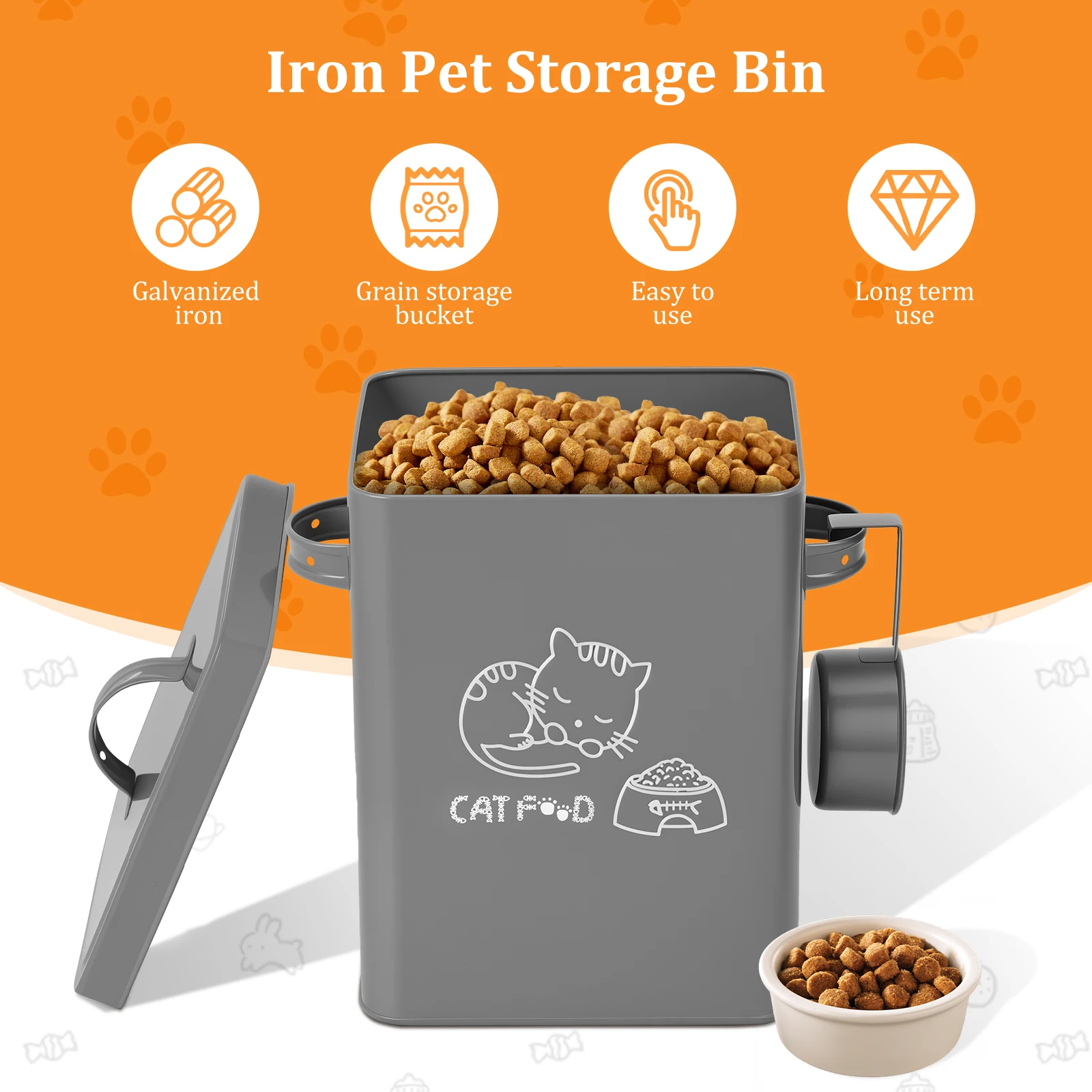 Boîte de stockage des aliments pour animaux de compagnie, en métal, grande capacité, stockage des aliments pour chiens et chats, récipient scellé avec couvercle et cuillère, baril organisateur de nourriture pour chiens