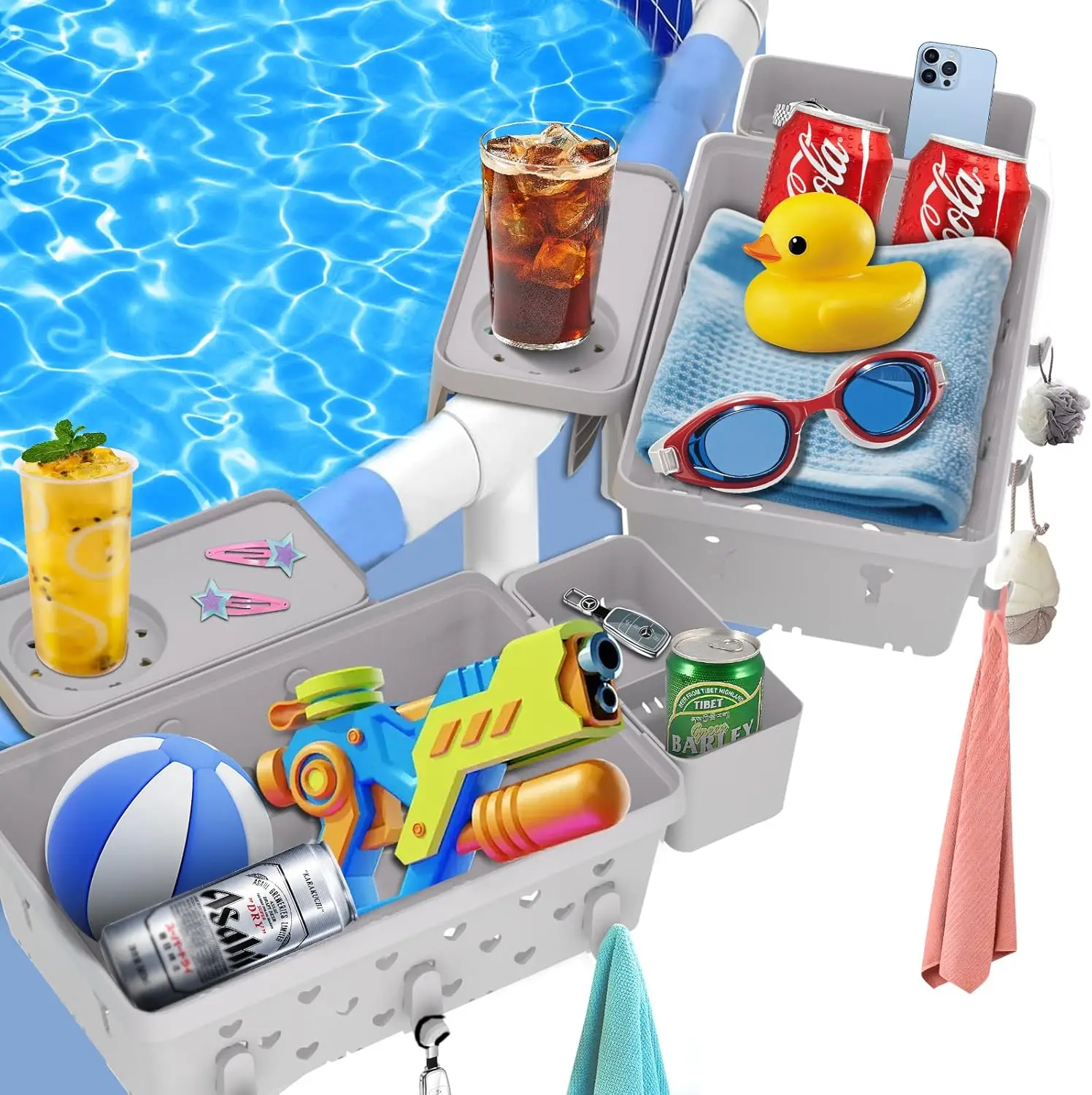 Panier de rangement de piscine de grande capacité, organisateur de rangement au bord de la piscine, crochet organisateur de piscine suspendu, cadre amovible, accessoires de piscine
