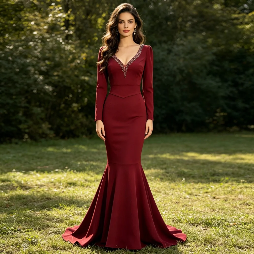 Customized Elegant Long Sleeves Evening Gown Glitter V-neck Mermaid Long Dresses Formal Party Dress for Wedding High Quality
