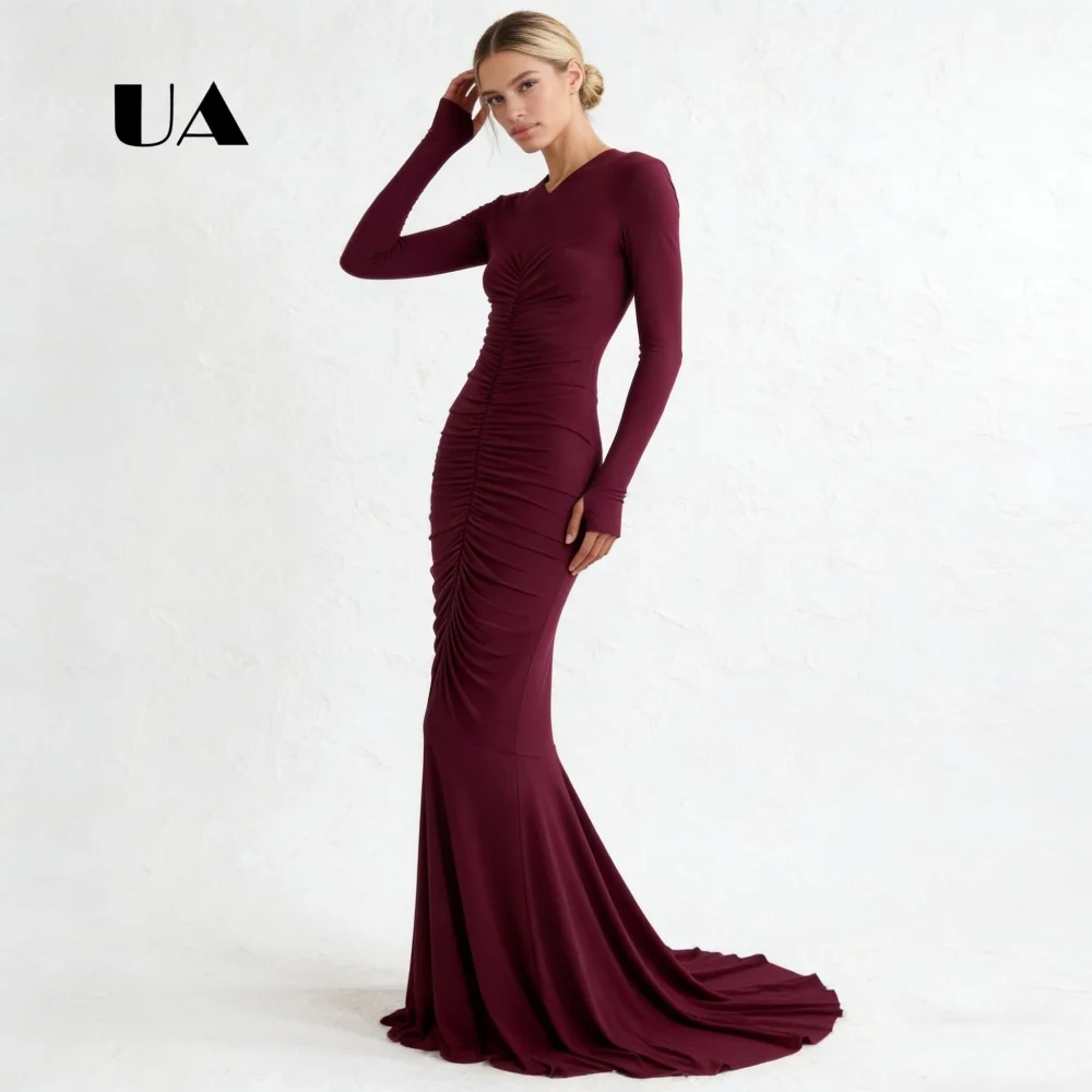 Simple Mermaid Prom Dress, Ruched Stretch-jersey Evening Dresses for Women, V-neck Customized Party Gown with Regular Sleeve