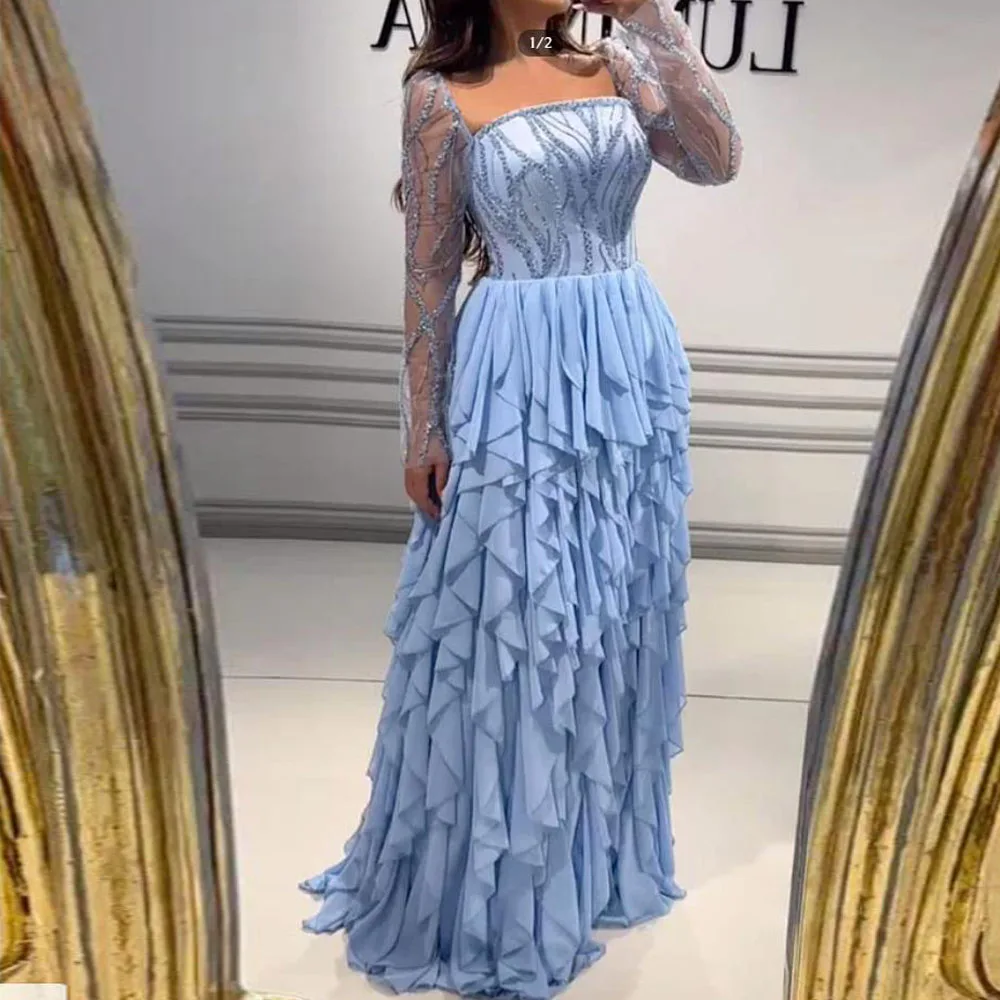 Customized Ruffles A Line Evening Dress Square Neck Full Sleeve with Beaded Prom Gown Chiffon Layered vestidos de fiesta