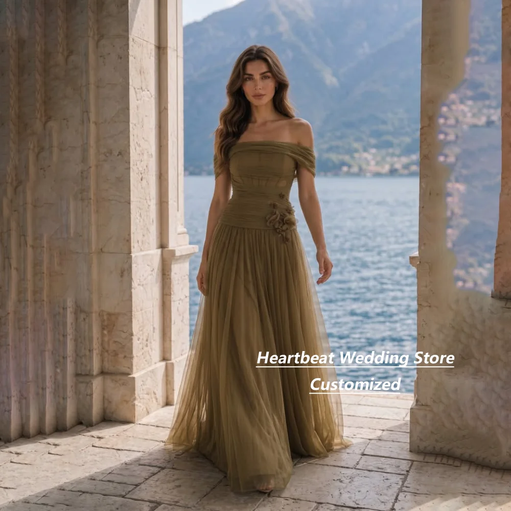 Customized Olive Tulle Evening Gown Off‑Shoulder Ruched Bodice 3D Floral Appliques A‑Line Floor Length Formal Party Dress