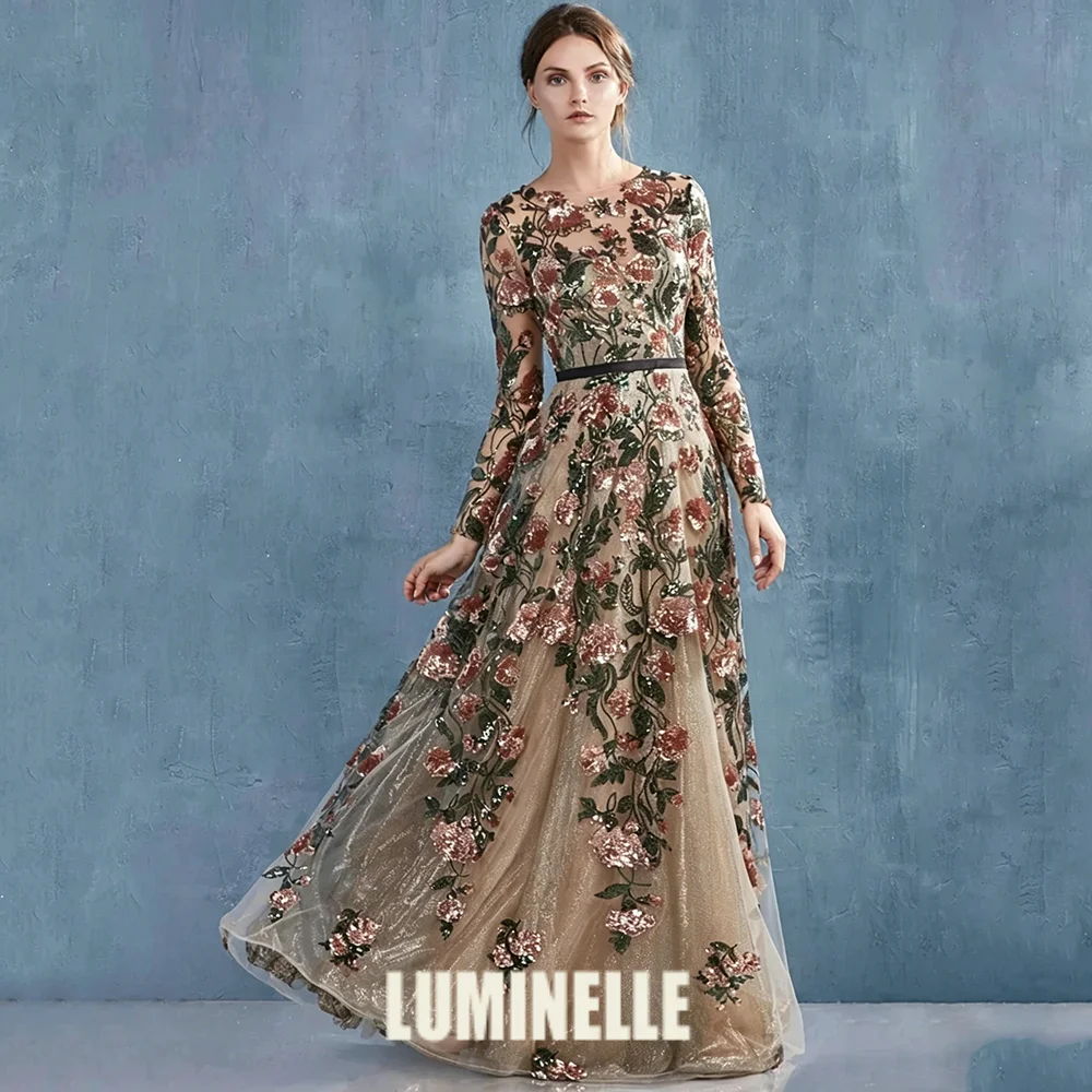 Elegant O-Neck Long Sleeve Evening Dress Sequins Flowers Applique A-Line with Belt Floor Length Women Party Banquet Gowns