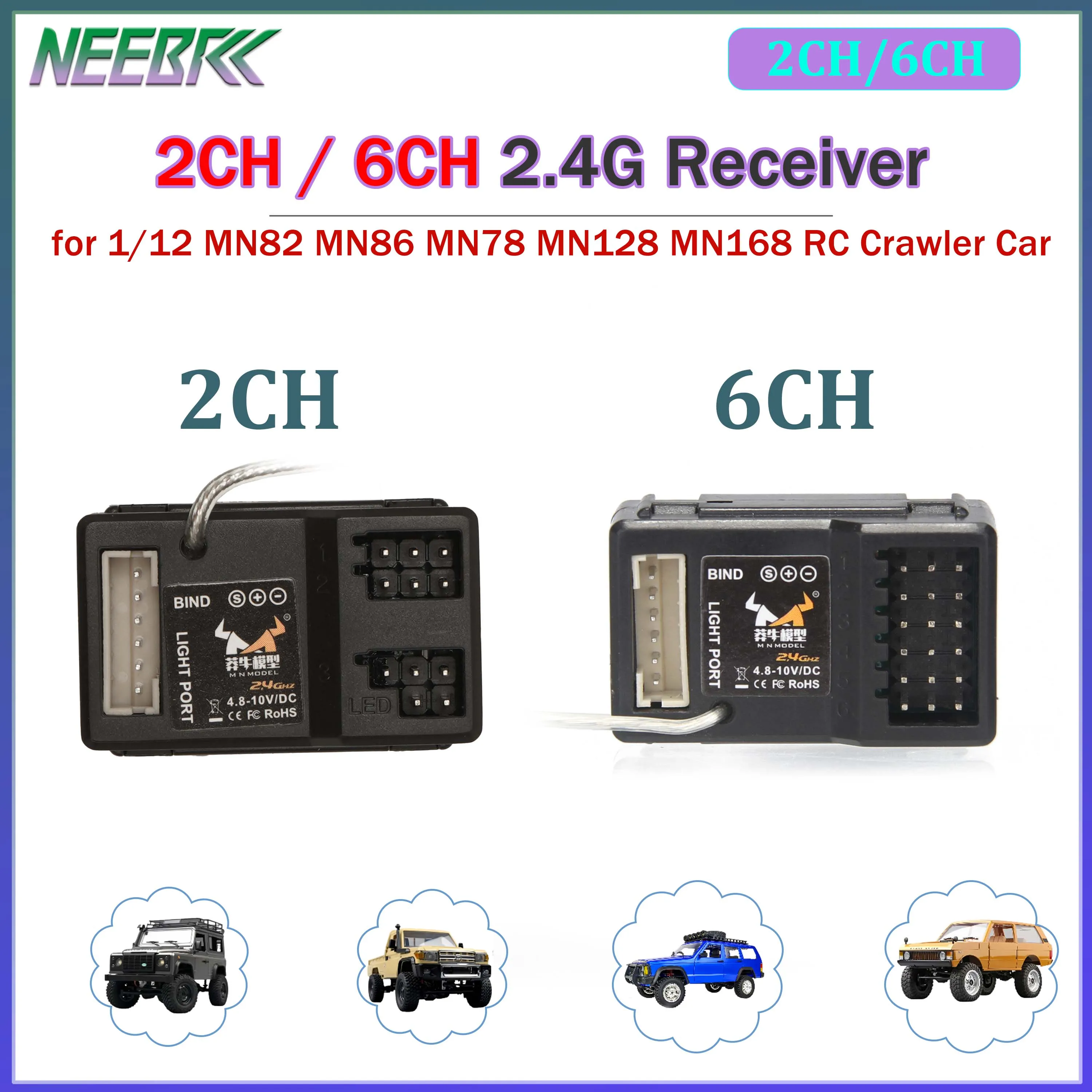 2CH 6CH 2.4G MN Receiver with LED Light Port 4.8-10V DC for MN82 MN86 MN78 MN128 MN168 1/12 RC Crawler Car Boat Tank Model Part