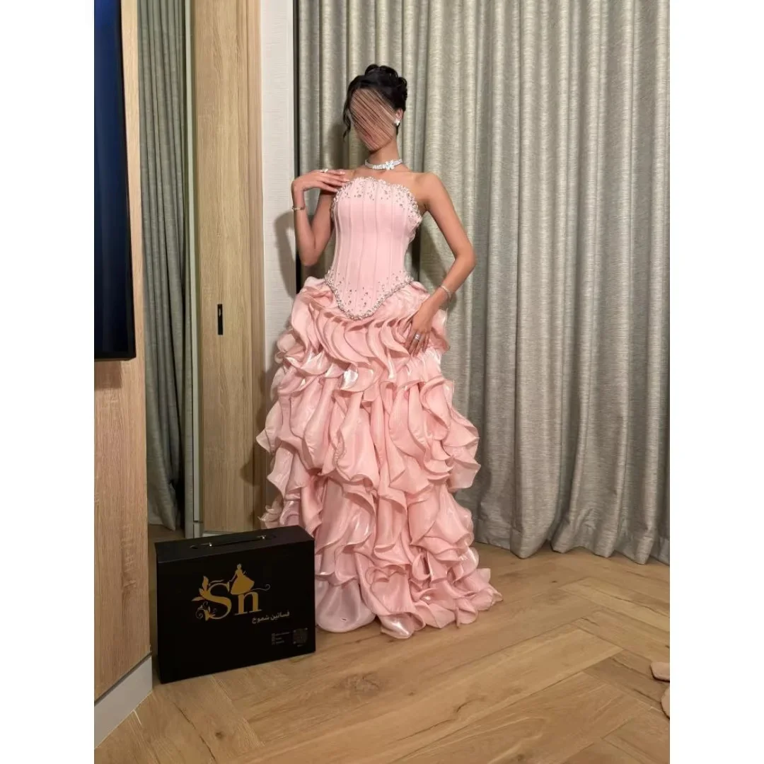 Pink Beaded Strapless Long Bespoke Occasion Gown Evening Dresses Prom Pastrol Unisex Jersey Retro Dubai Saudi Arabic Customized