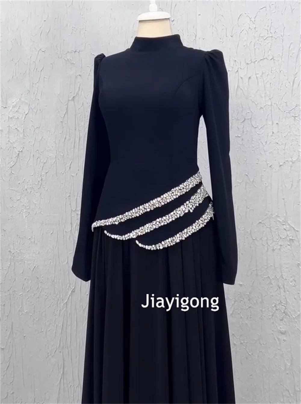 Customized Chinese Style Jersey Sequined Pattern A-line High Collar Bespoke Occasion Evening Dresses Elegant