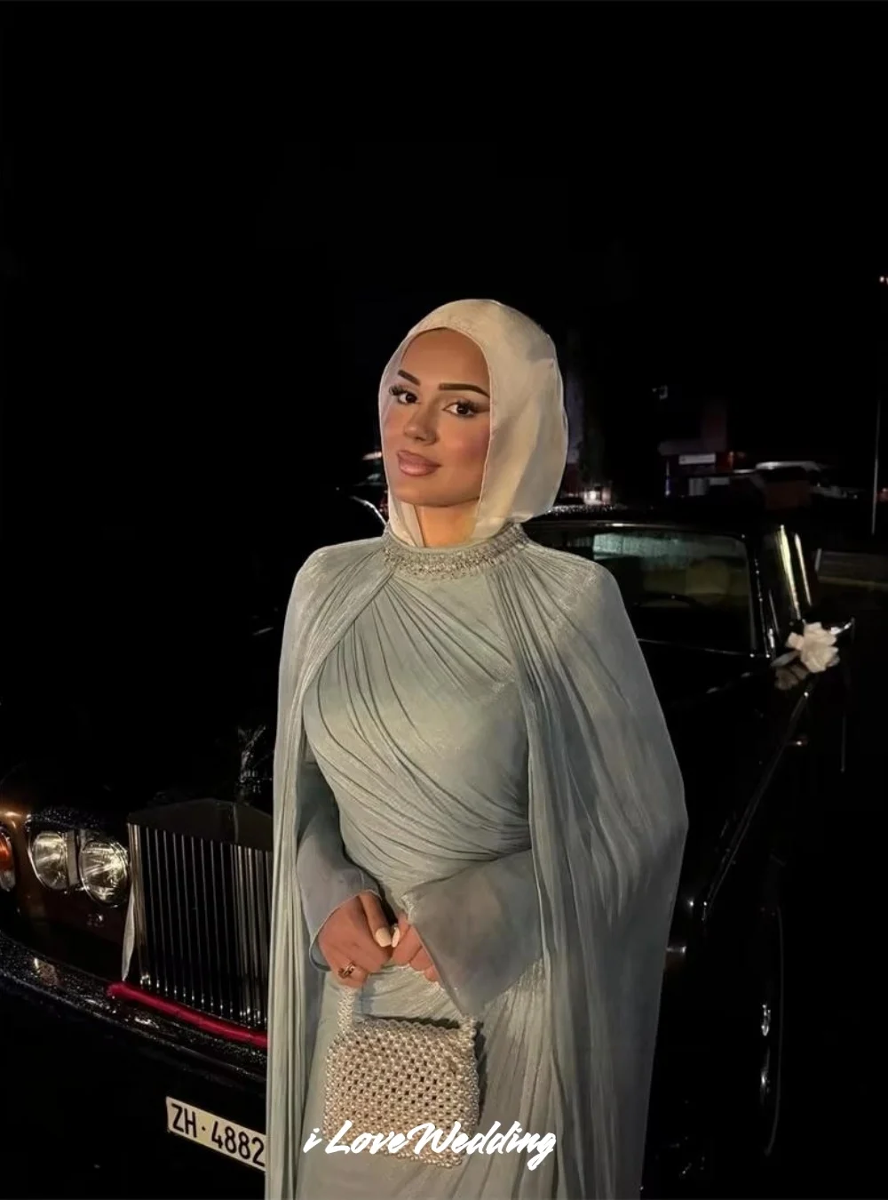 Muslim O-Neck Prom Dresses Long Sleeve Shawl Beaded Mermaid Floor-Length Saudi Arabia Pleated Bespoke Occasion Gown Customized