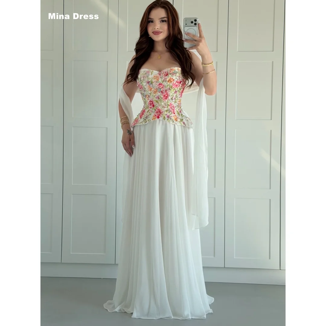 Mina Customized White 3D Flower Sequin Backless Sleeveless Luxurious Evening Prom Dresses 2026 Luxury Party Dress Elegant Women