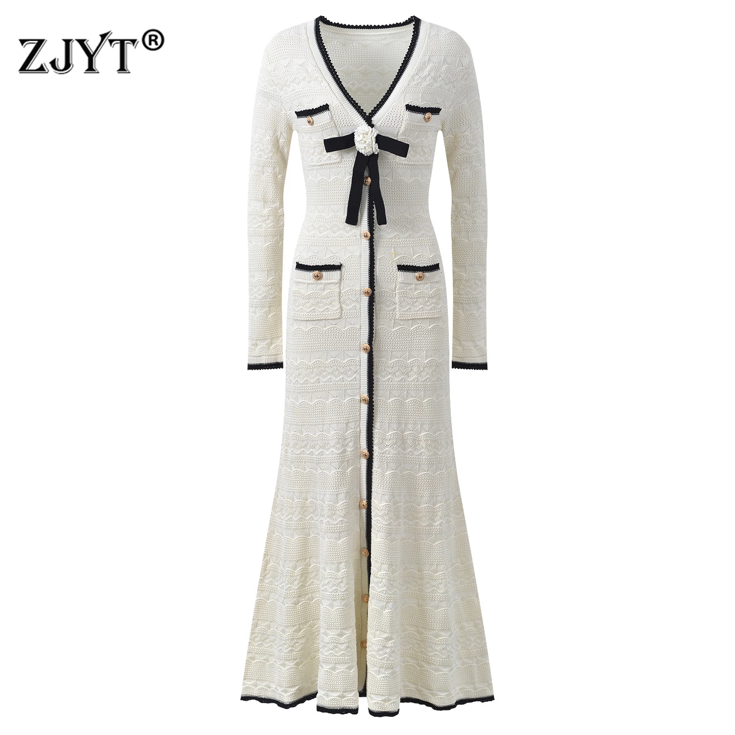 ZJYT Autumn Fashion Women's Knitted Sweater Dresses Long Sleeve Color Block 3D Floral White Midi Party Evening Dress Elegant