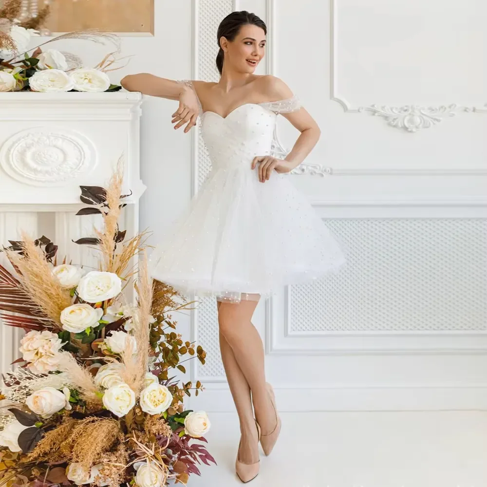 2026 Pearls Beaded A-Line Short Wedding Dress Off Shoulder Simple Garden Bridal Gown Mini Ivory White Tulle Beach Bride Dresses