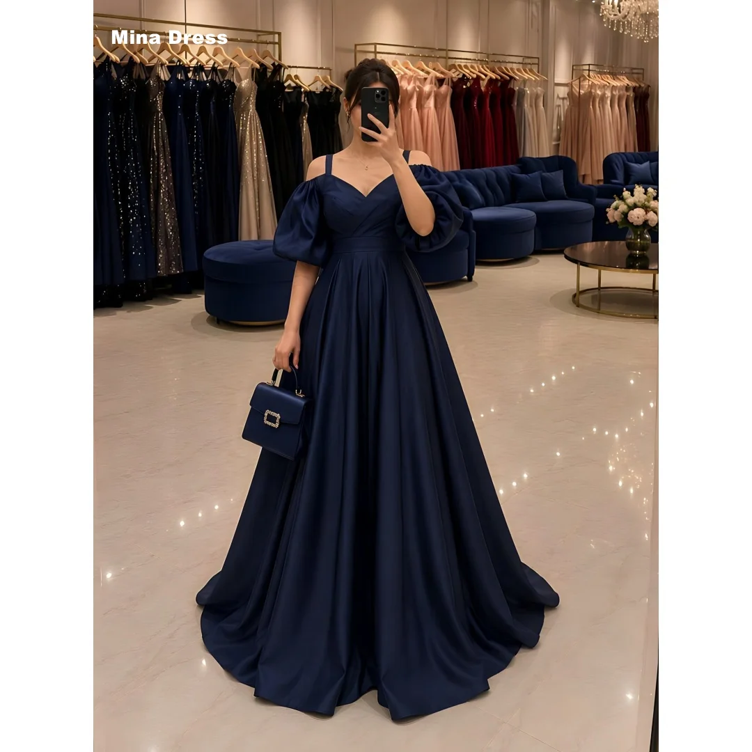 Mina Customized Navy Sweetheart Neckline Puff Sleeves Pleated Wide Shoulder Straps Wedding Guest Dresses 2026 Trends Prom Dress