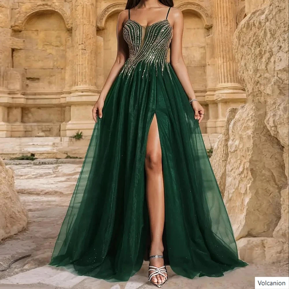 Customized A-line Evening Dresses Floor-length Spaghetti Strap Sleeveless Prom Gown Fashion Sequined Side-split Party Gown
