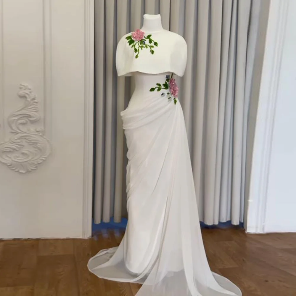 Customized White Draped Evening Dress with Short Cape Strapless Sequin 3D Flower Embellished Formal Occasion Dresses