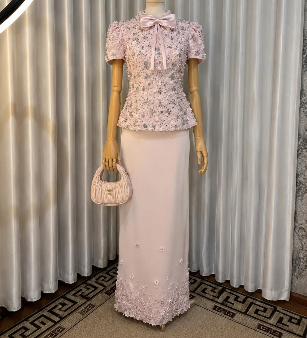 Customized Fashion Jersey Pleat Sequined Lace Straight Scoop Neck Long Bespoke Occasion Party Dresses Formal