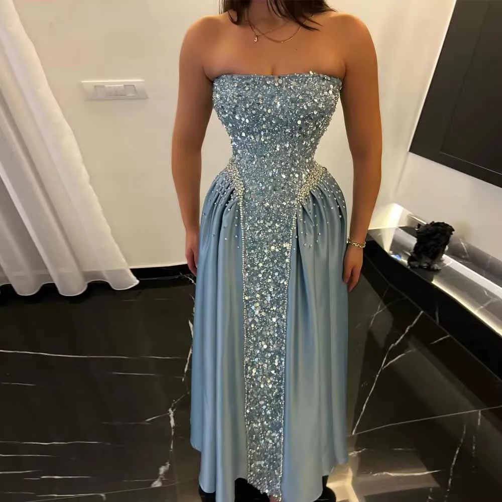 Elegant Women's A Line Evening Dresses Strapless Sequined Robe De Soirée Customized Sleeveless Prom Gowns Vestidos Para Mujer
