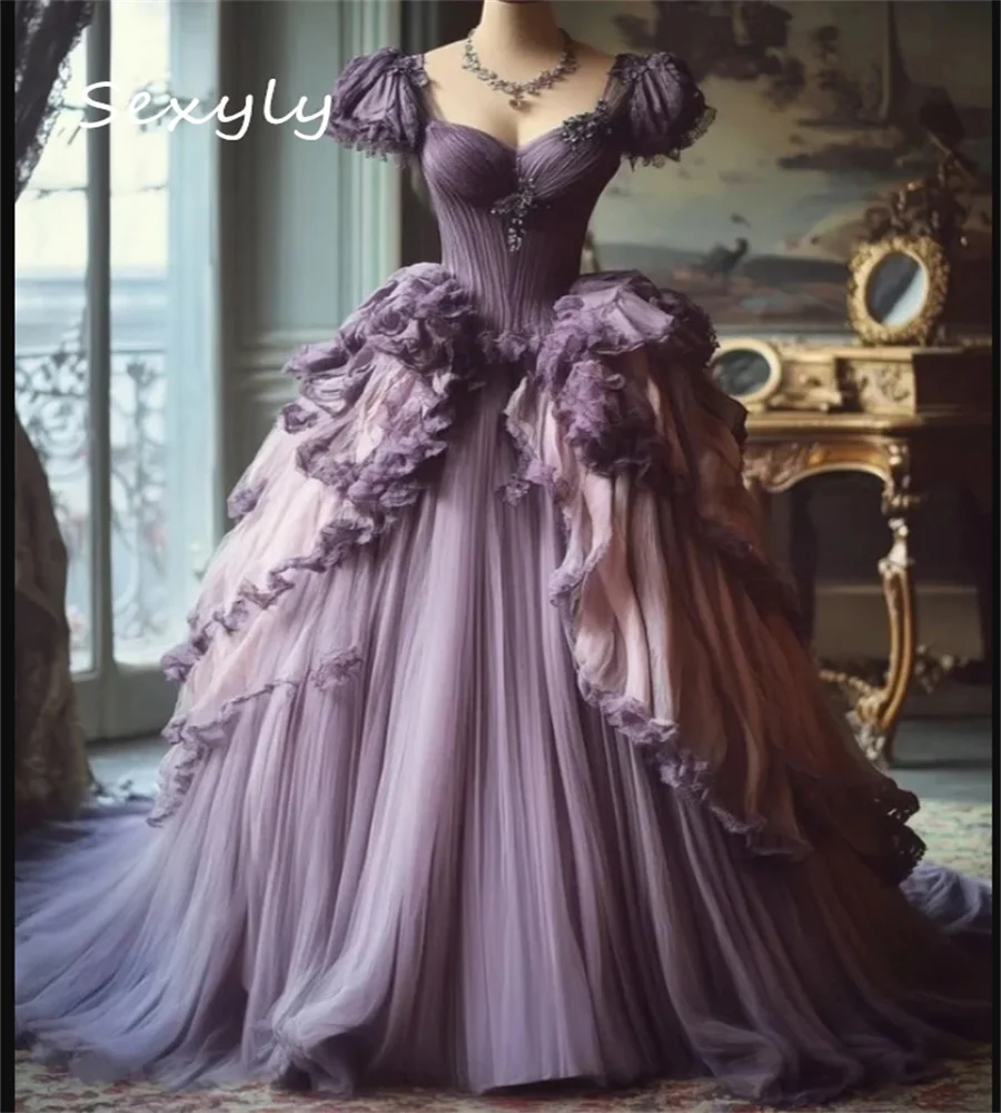 Obsessed Lilac Rococo Prom Dress Victorian Era Ruffles Fairy Cap Sleeves Ruffles Evening Dress 1860s Gothic Mariage Customized