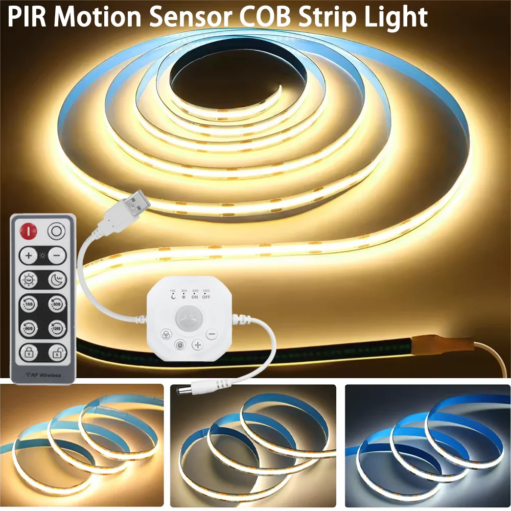 USB 5V COB LED-Streifenlicht, flexibles dimmbares Licht, PIR-Bewegungsmelder, LED-Schrankleuchte oder Küchenschrank, Schrankbeleuchtung für Zuhause