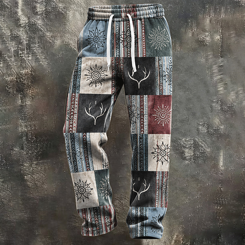 Men's Geometric Bandana Print Casual Pants Mid Waist Casual Vintage Retro Casual Elastic Drawstring Waist Straight Leg Pants with Pockets Spring Fall Graphic Print Blue
