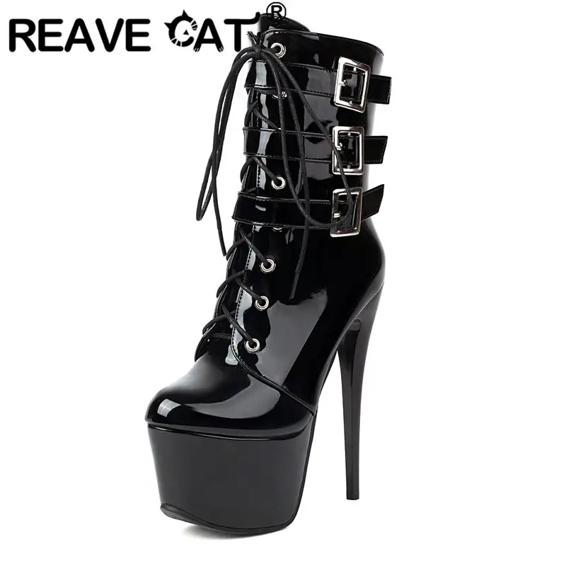 REAVE CAT Damen Schuhe Weibliche Sexy Party Frauen Glänzende Stiefeletten Runde Kappe 15 cm Stiletto 6 cm Plattform schnüren Große Größe 46 47