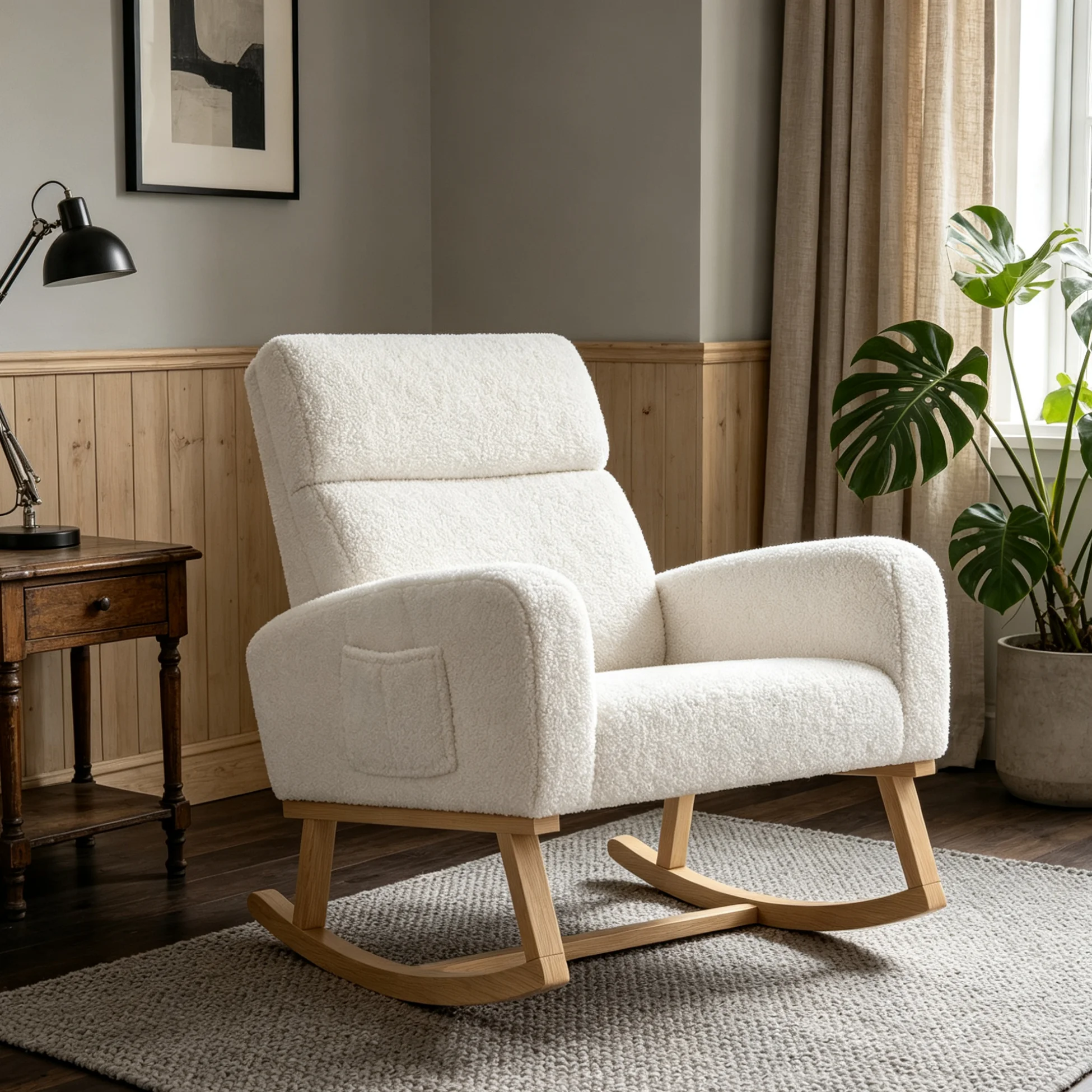 Simurq Schaukelstuhl, Relaxsessel mit Armlehne, Stillstuhl mit Seitentasche, Wohnzimmerstuhl mit Holzbeinen, Schaukelstuhl für Wohnzimmer, Schlafzimmer, Balkon, Teddy-Velours, Weiß
